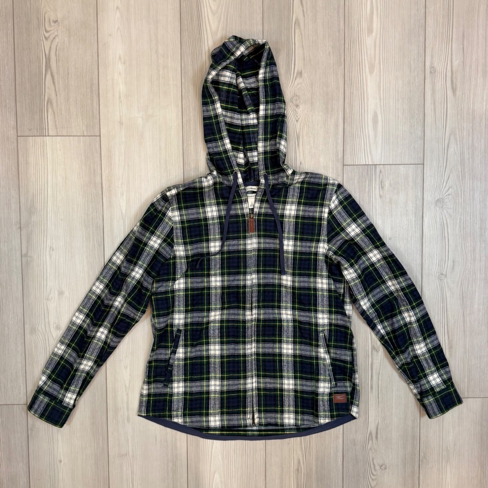 LL Bean Green Navy Plaid Full Zip Hoodie Relaxed Fit Cotton Flannel 502092 WMN S